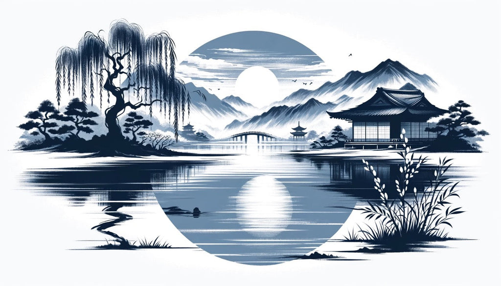 Monochrome Japanese mountain lake design file showing detailed ink-style artwork and traditional elements