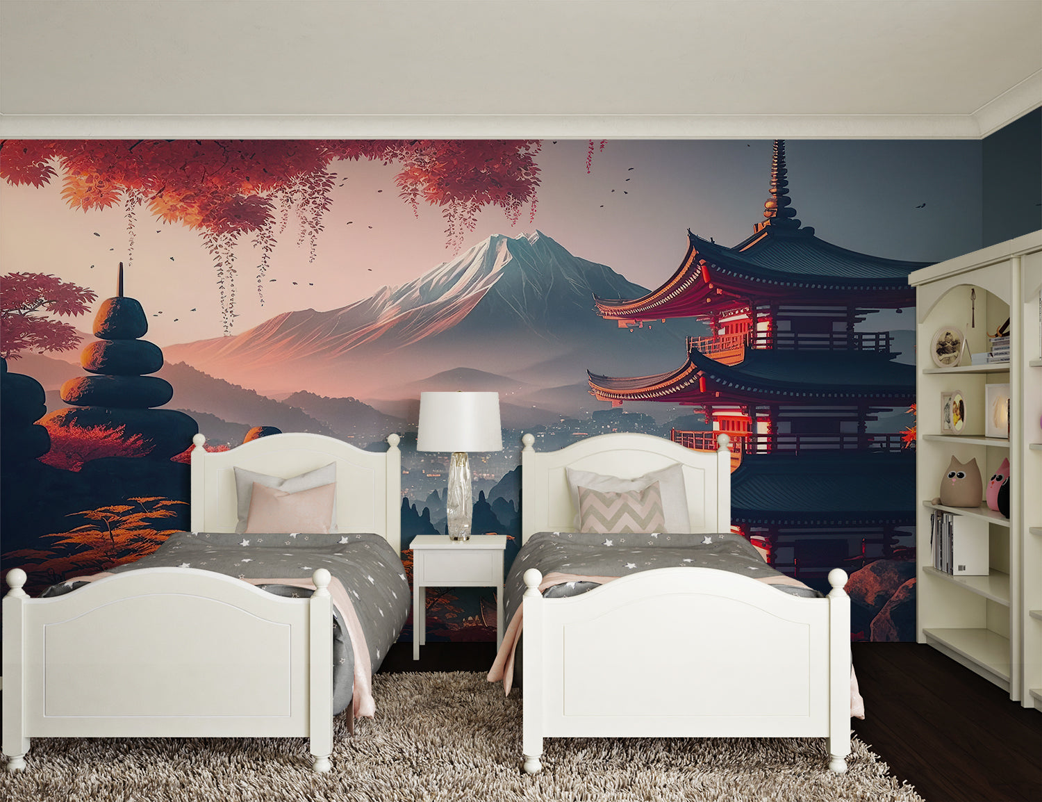 Japanese landscape mural adding depth to a meditation room with floor cushions