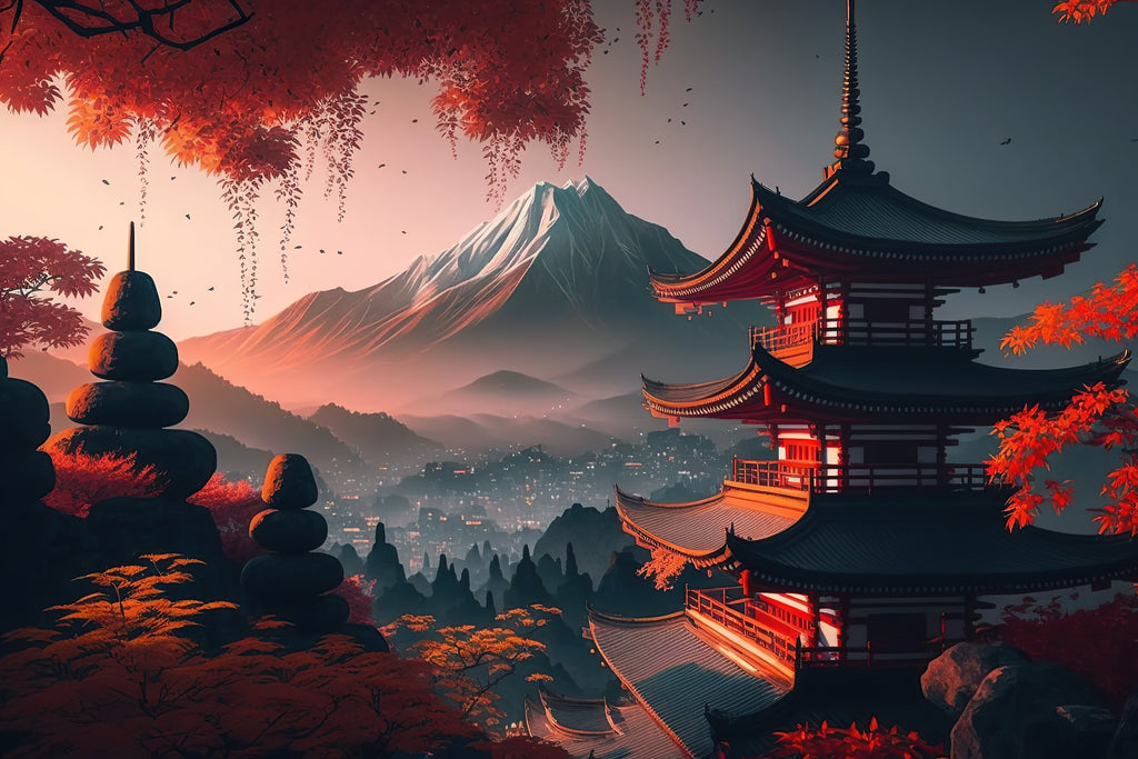 Mount Fuji and pagoda at sunset design file showing detailed Japanese landscape pattern
