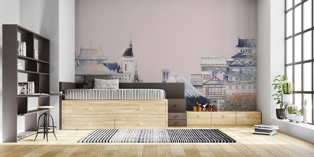 Japanese architectural mural bringing serenity to reading nook space
