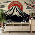 Japanese Mount Fuji wallpaper with cherry blossoms creating a peaceful atmosphere in a modern living room