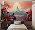 Japanese Mount Fuji wallpaper in modern living room, cherry blossoms frame the peaceful landscape
