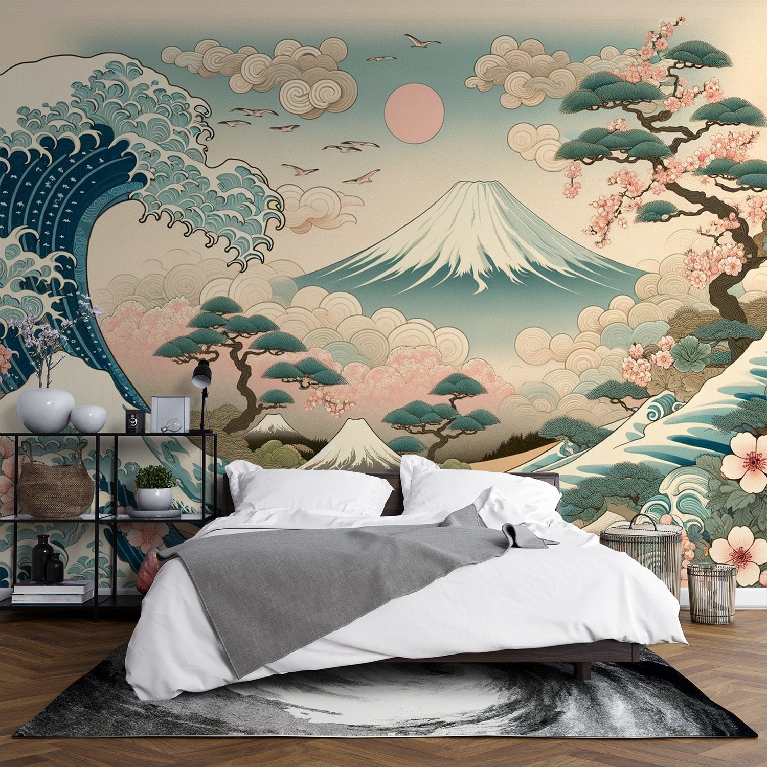 Japanese Mount Fuji wallpaper with Great Wave shown in a modern living room, creating a peaceful Asian-inspired atmosphere