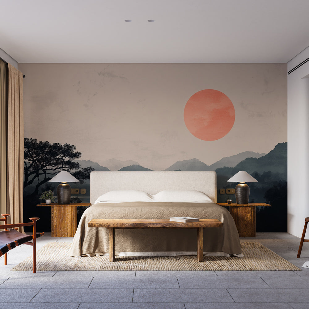 Japanese mountain lake wallpaper creating a zen atmosphere in a modern living room with minimal furniture