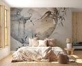 Japanese mountain landscape wallpaper in modern minimalist living room creating zen atmosphere