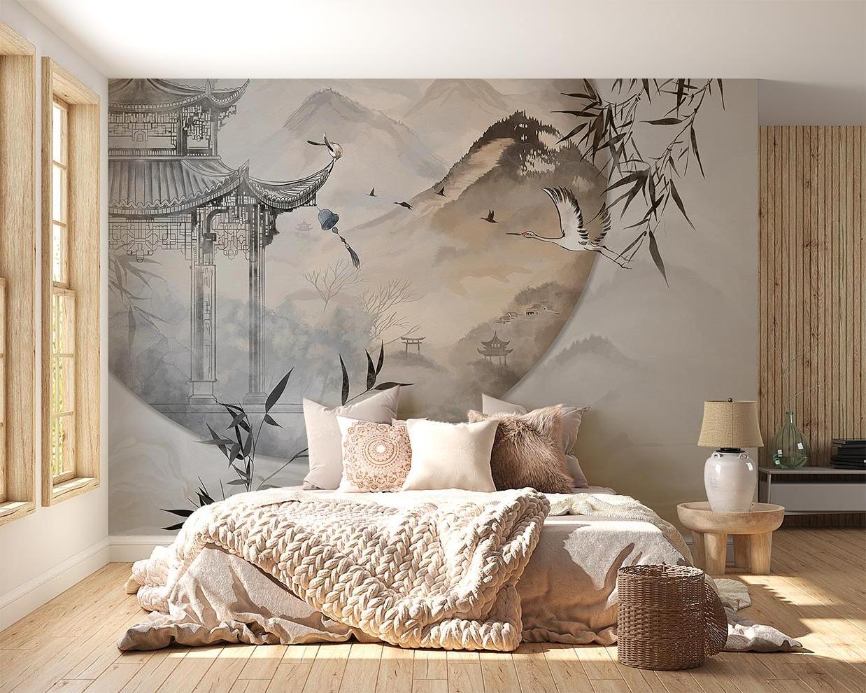 Japanese mountain landscape wallpaper in modern minimalist living room creating zen atmosphere