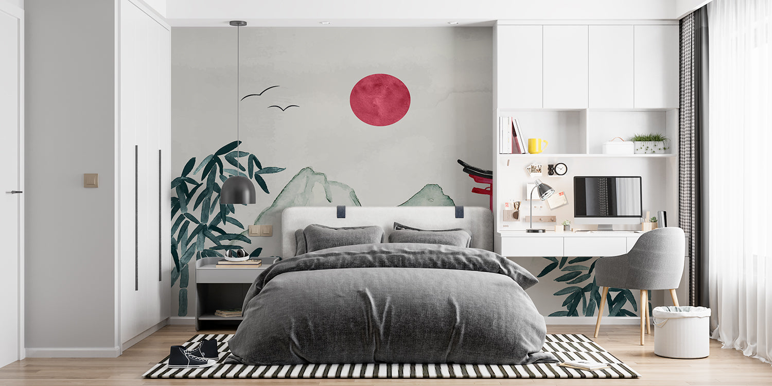 Meditation space with Japanese mountain mural, showing scale and ambiance