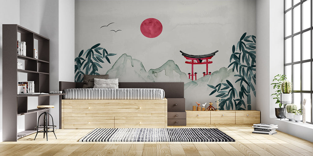 Entrance hall showcasing Japanese mountain wallpaper with red sun
