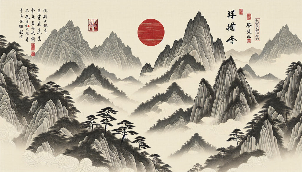 Japanese mountain landscape design file showing detailed misty peaks and striking red sun pattern