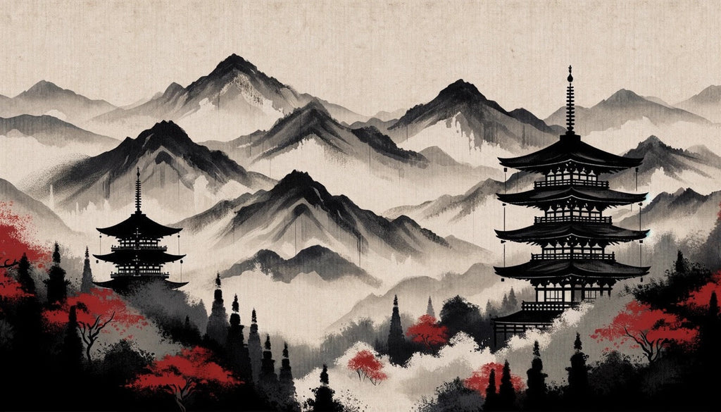 Japanese mountain and pagoda ink art design file showing intricate details and red maple accents