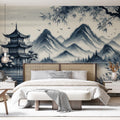 Japanese pagoda wallpaper mural creating a serene atmosphere in a modern living room with minimalist furniture