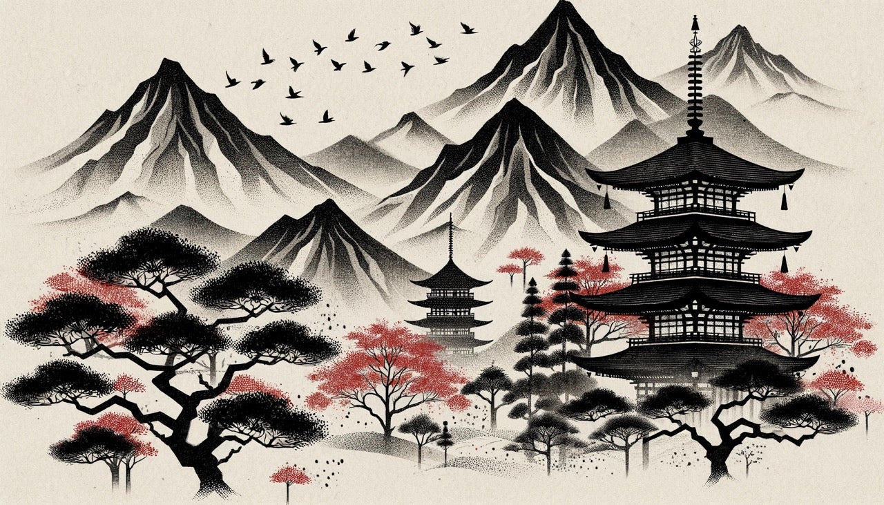 Japanese mountain temple design file showing detailed cherry blossoms and pagoda silhouettes against misty peaks