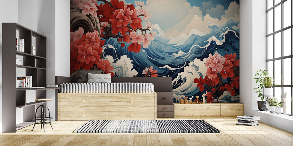 Japanese wave wallpaper with cherry blossoms creating a peaceful atmosphere in a modern living room