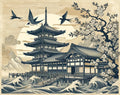 Japanese pagoda wallpaper mural in modern dining room, showing cherry blossoms and waves creating peaceful ambiance