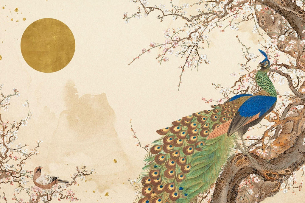 Peaceful bedroom featuring Japanese peacock wallpaper with cherry blossoms, morning light creating serene atmosphere