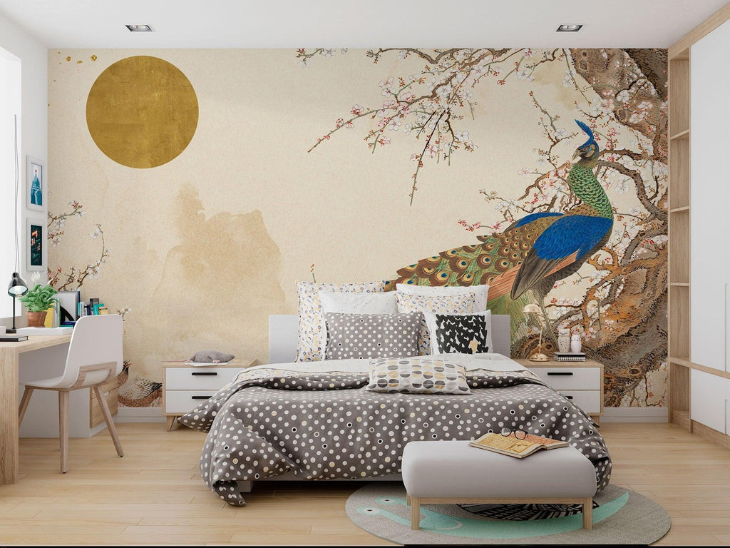 Entrance hall decorated with oriental peacock and cherry blossom wallpaper, creating welcoming atmosphere