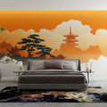 Japanese landscape wallpaper with pagoda and pine tree creating a peaceful atmosphere in a modern dining room