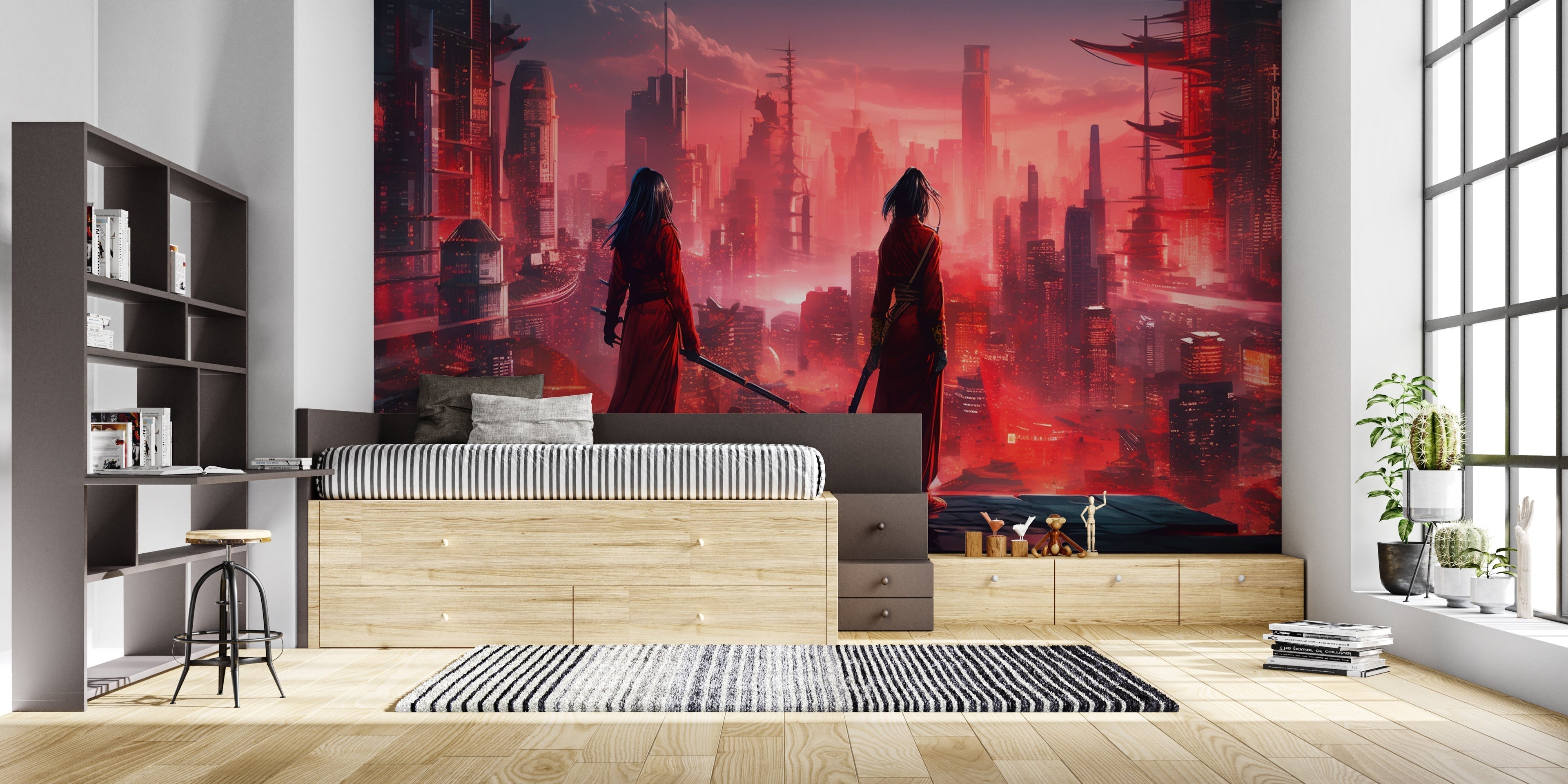 Japanese urban wallpaper making statement in contemporary home office