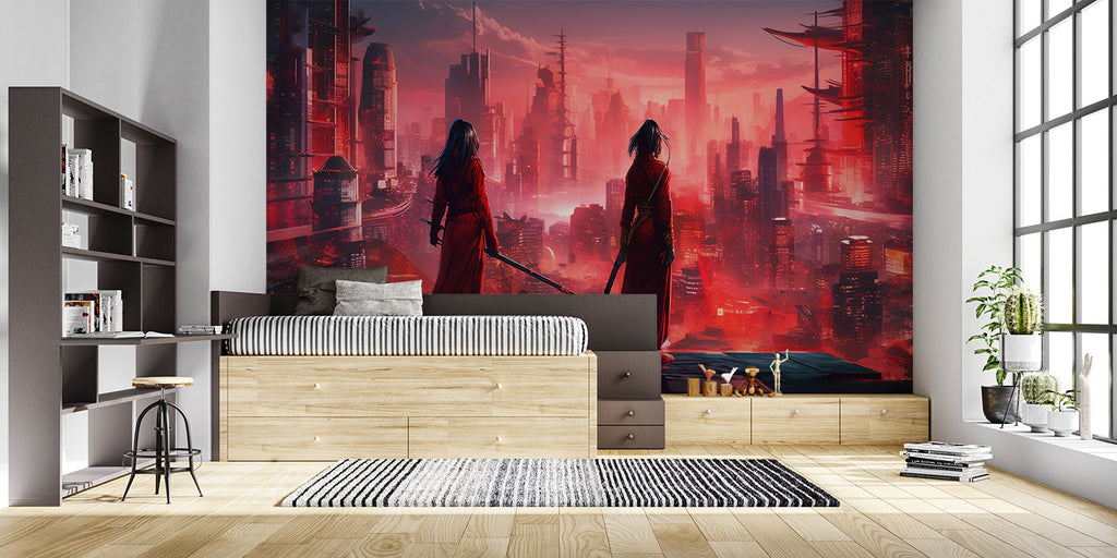 Anime style wallpaper creating atmosphere in urban apartment setting