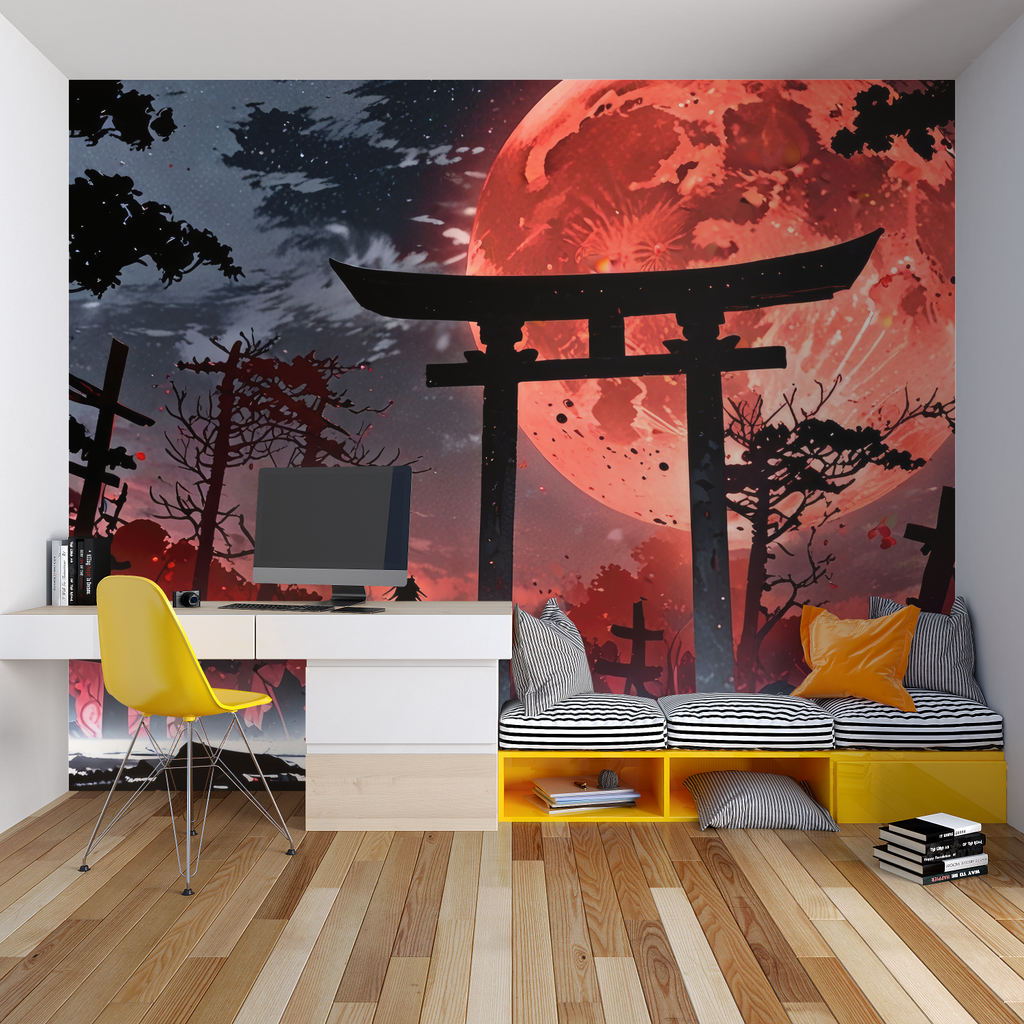 Japanese wall mural transforming home office with red and black tones