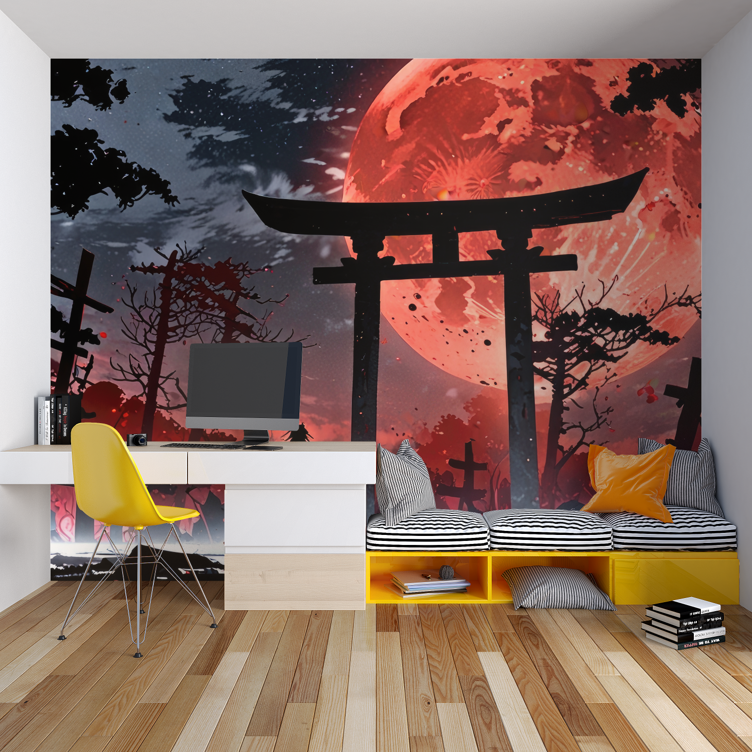 Japanese wall mural transforming home office with red and black tones