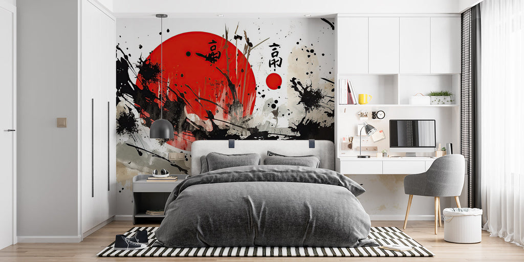 Japanese ink art wallpaper in modern minimalist living room with black furniture