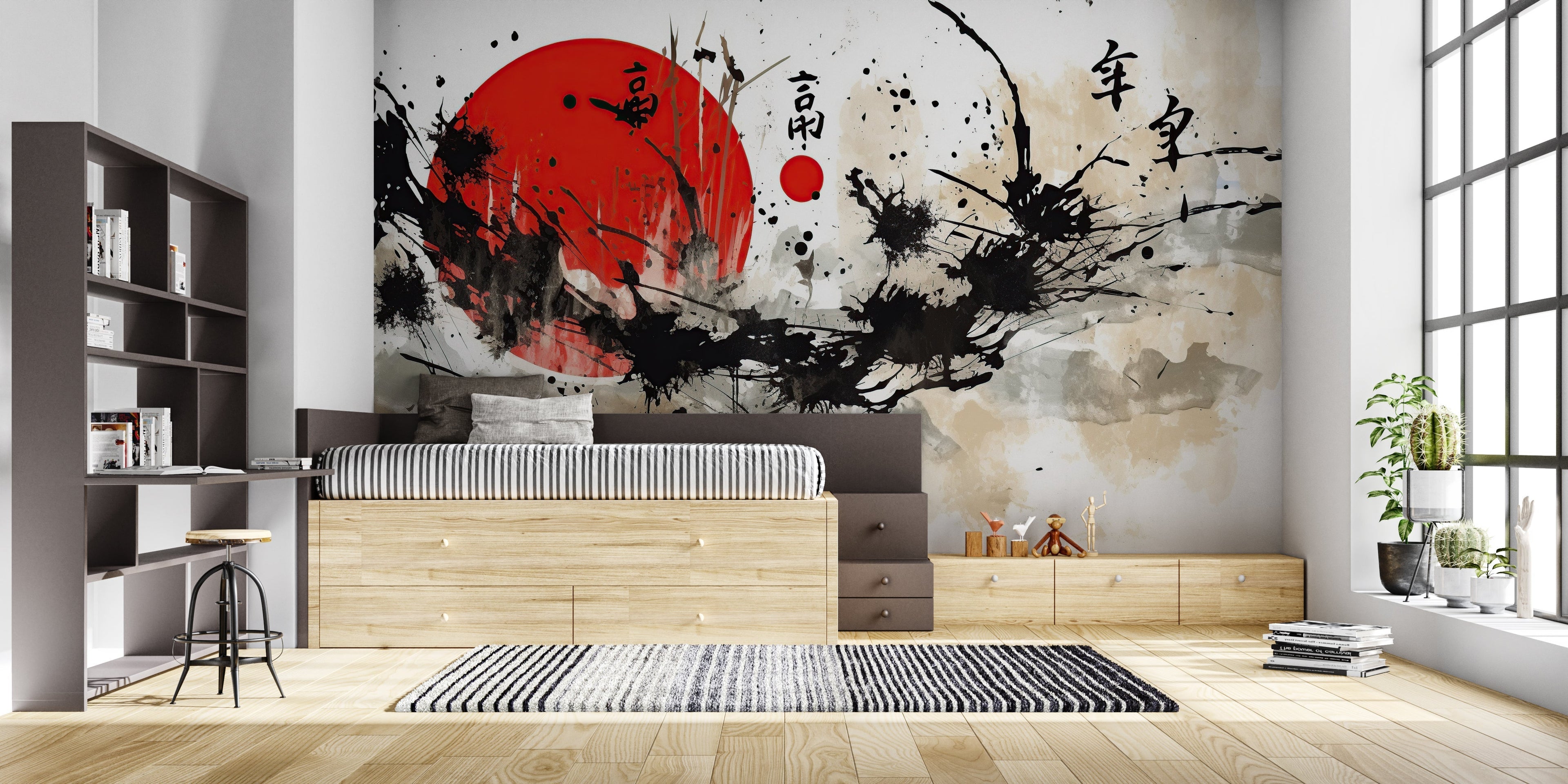 Red sun Japanese wallpaper in contemporary office space