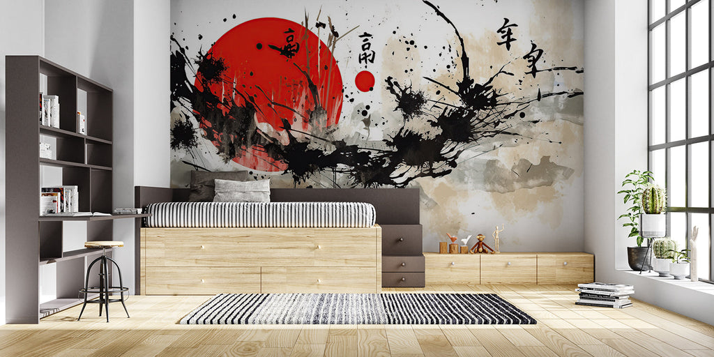 Asian-inspired wall mural in modern art gallery space