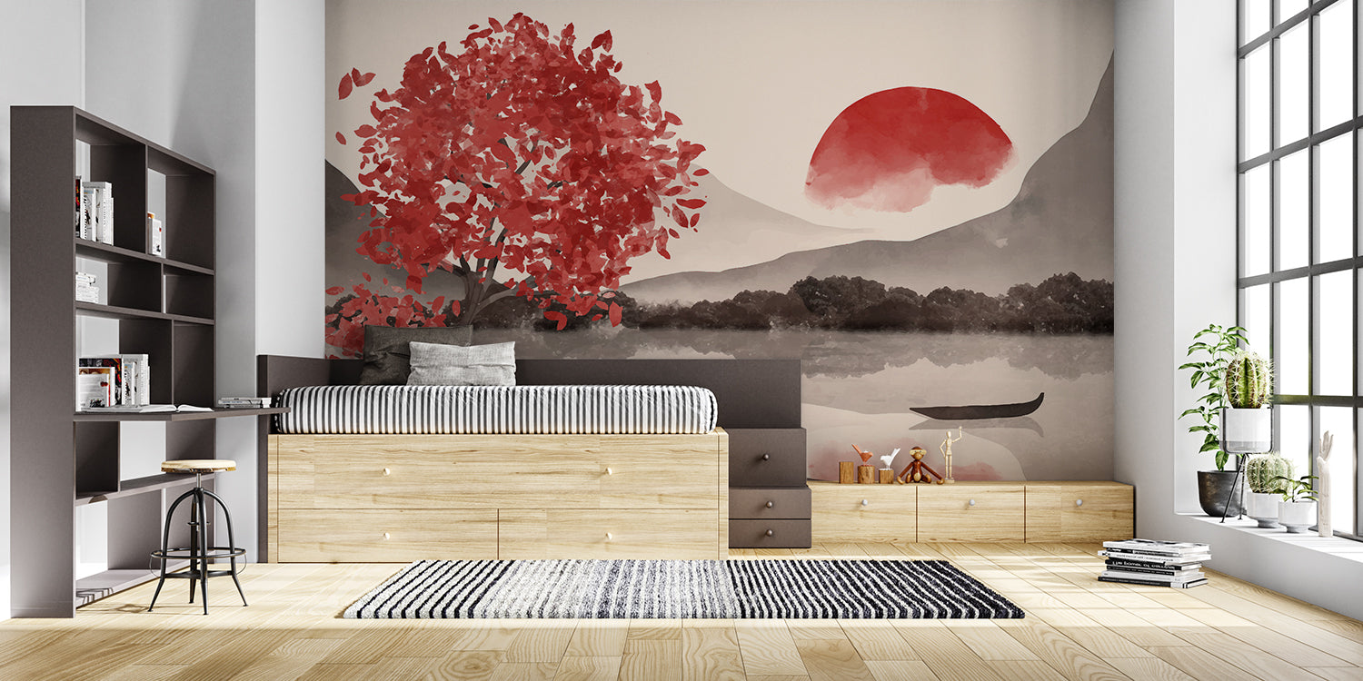 Japanese mountain landscape mural enhancing an entryway with natural light