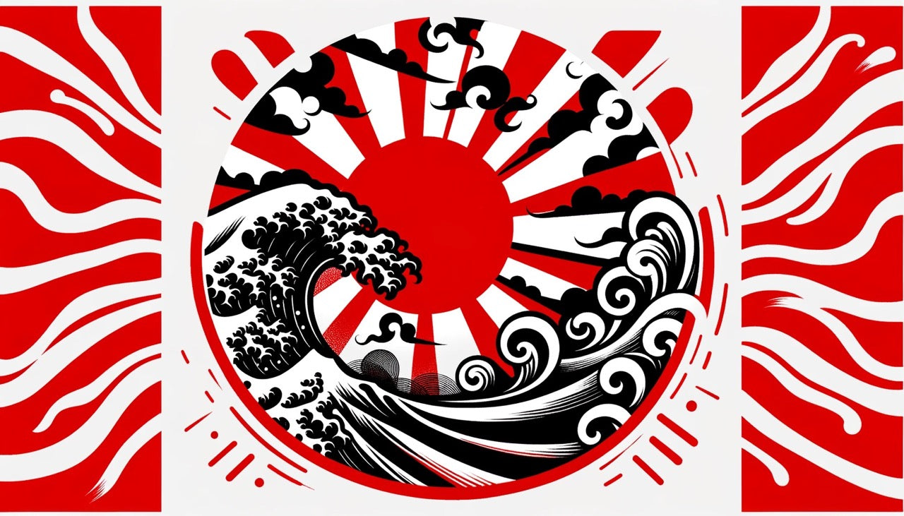Japanese wave wallpaper with red rising sun creates dramatic effect in modern minimalist living room