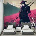 Japanese samurai wallpaper creating dramatic impact in modern living room with teal and pink tones