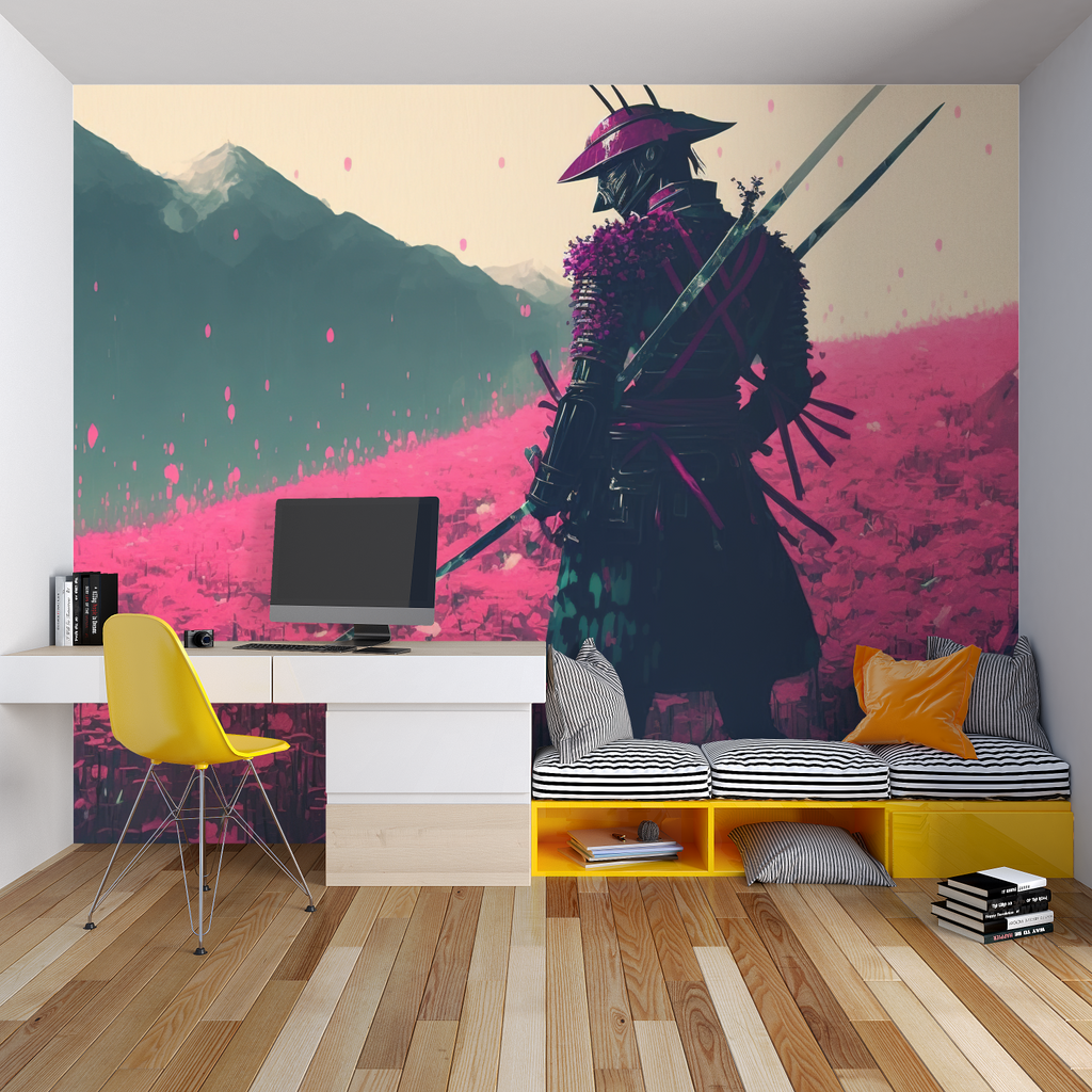 Cherry blossom and samurai wallpaper transforming home office space