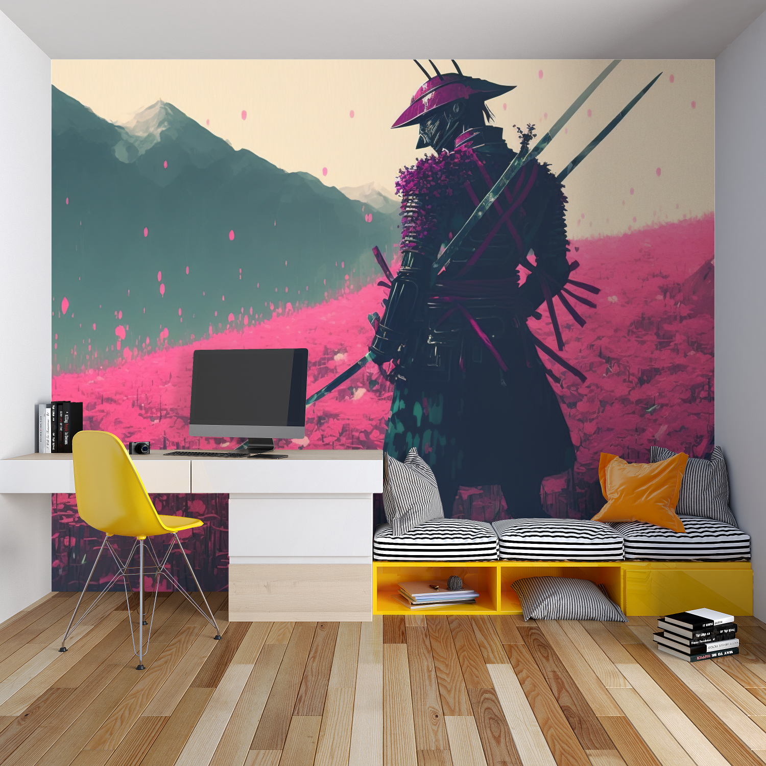 Cherry blossom and samurai wallpaper transforming home office space