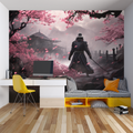 Japanese samurai wallpaper creating depth in modern living room with minimalist furniture