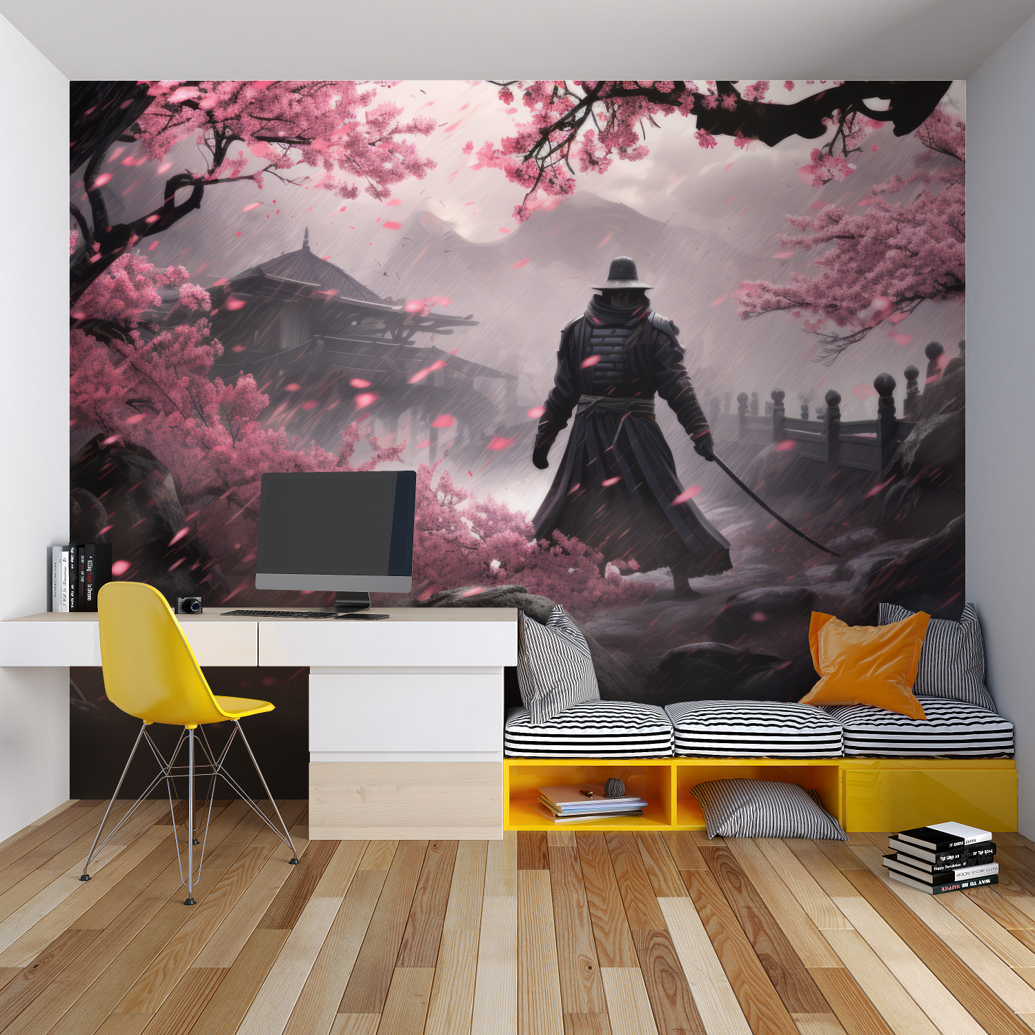 Japanese samurai wallpaper creating depth in modern living room with minimalist furniture