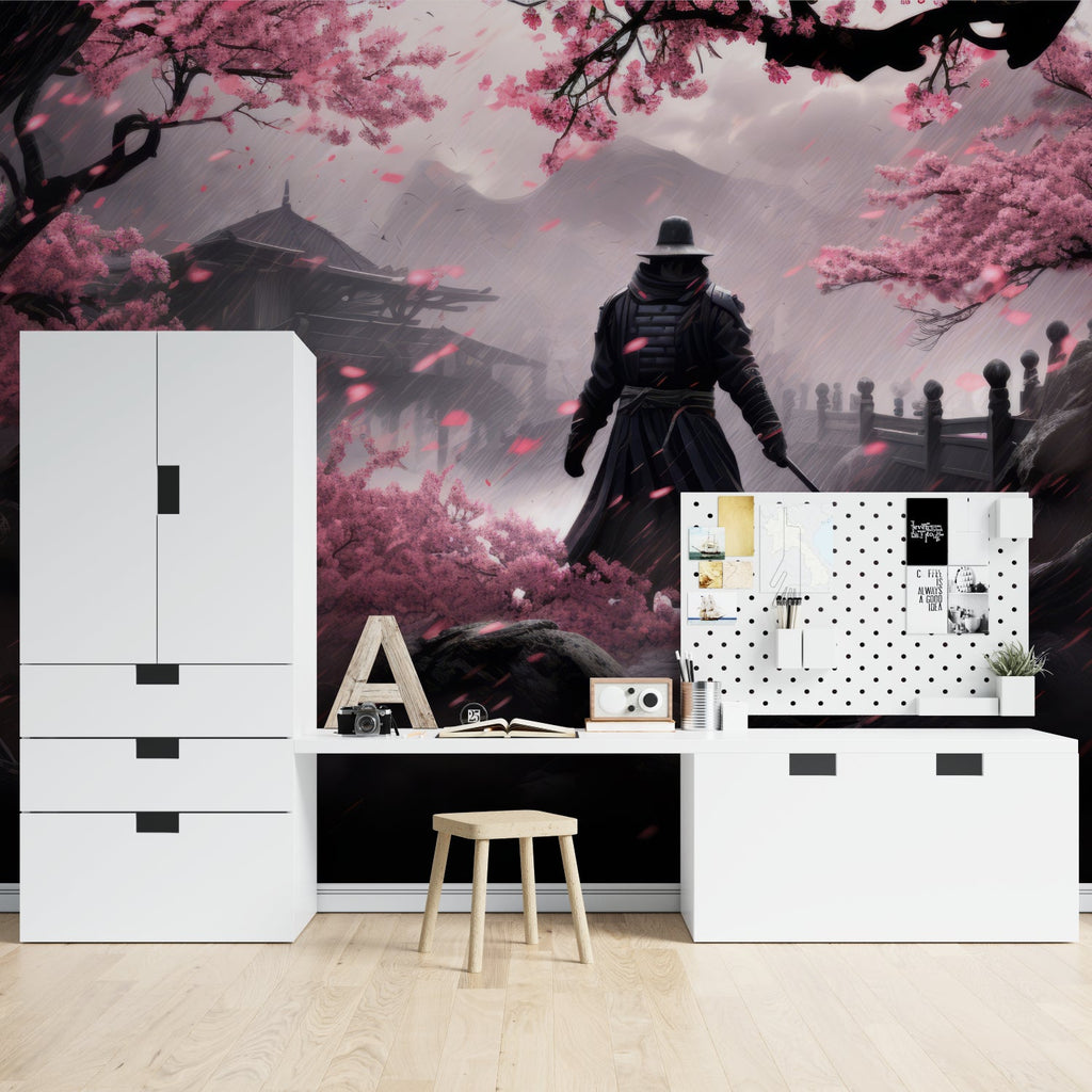 Samurai wall art transforming dining room with pink cherry blossoms