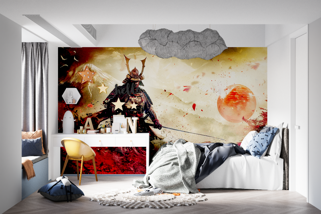 Samurai wall mural in home office showing scale and impact of warrior silhouette against golden sky