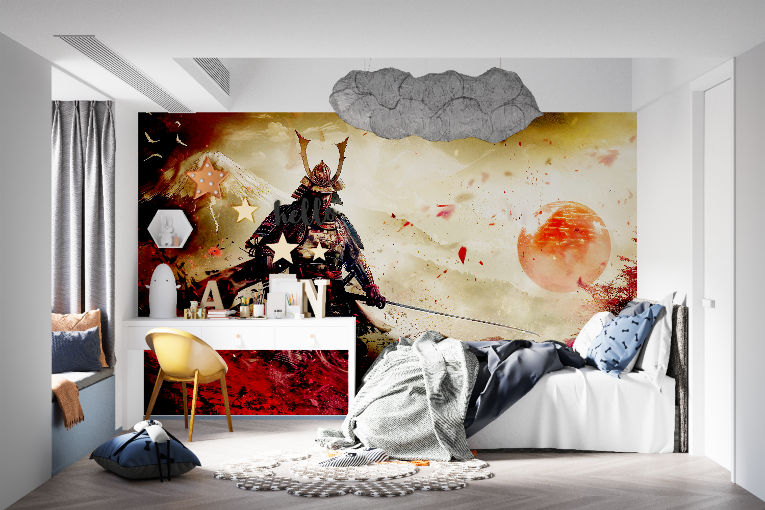 Samurai wall mural in home office showing scale and impact of warrior silhouette against golden sky