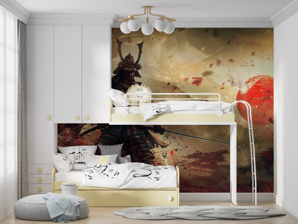 Japanese warrior wallpaper in dining room with cherry blossoms and dramatic lighting effects