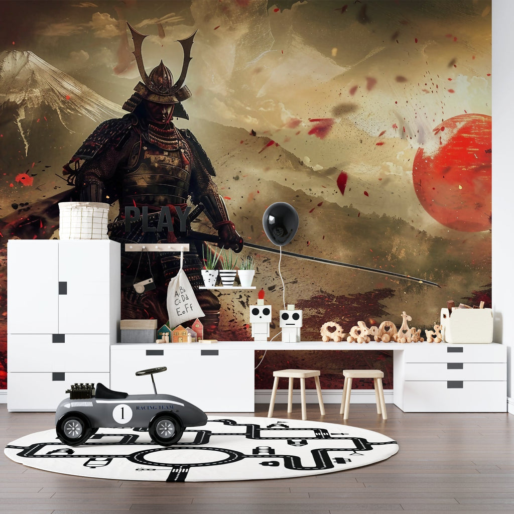 Samurai mural wallpaper in bedroom showing full wall application with red sun and Mount Fuji