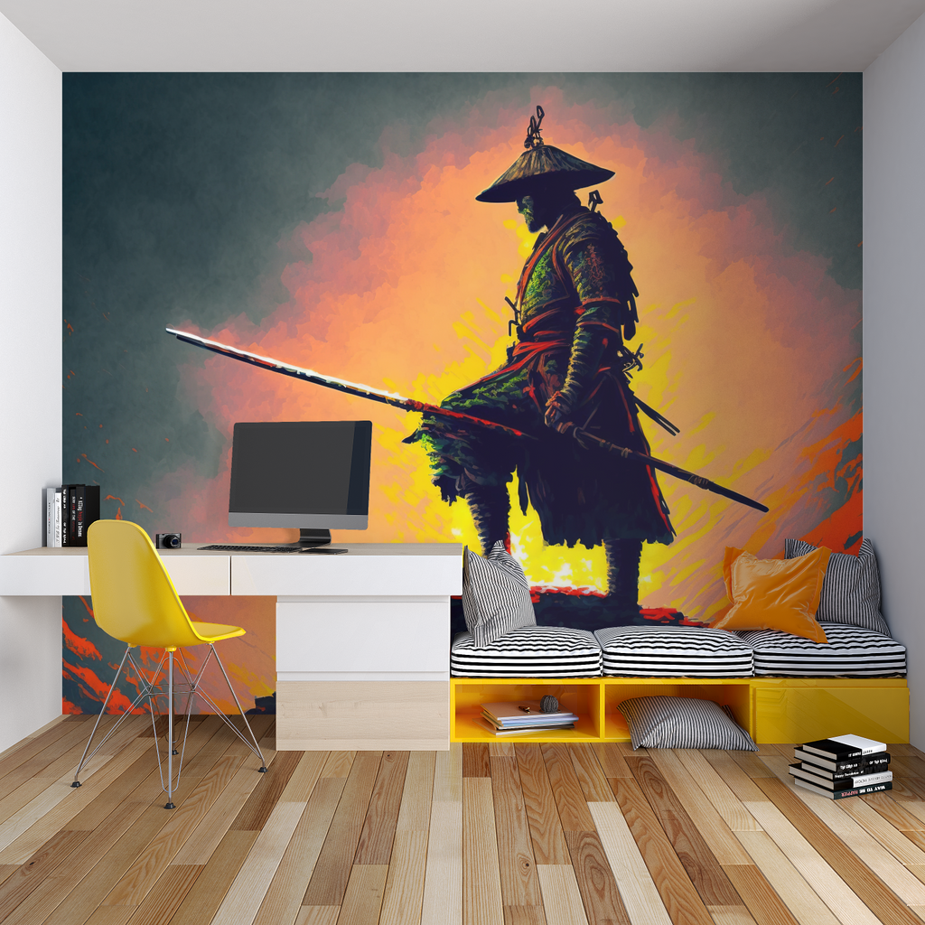 Samurai Warrior Mural creating drama in a home office setting