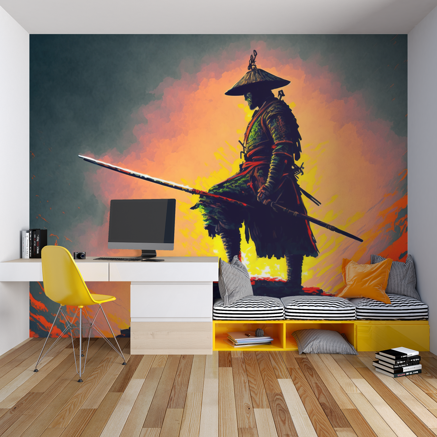 Samurai Warrior Mural creating drama in a home office setting