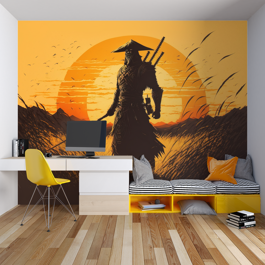 Samurai warrior mural in gaming room setup with dramatic lighting effects