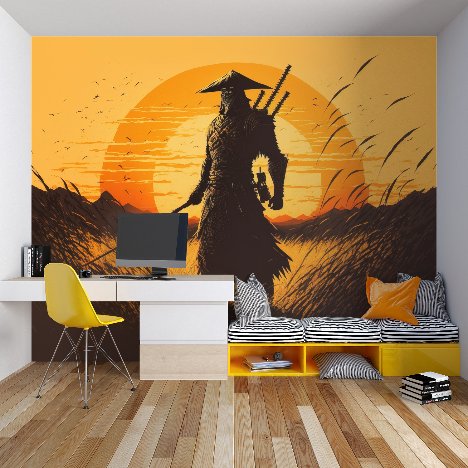Samurai warrior mural in gaming room setup with dramatic lighting effects