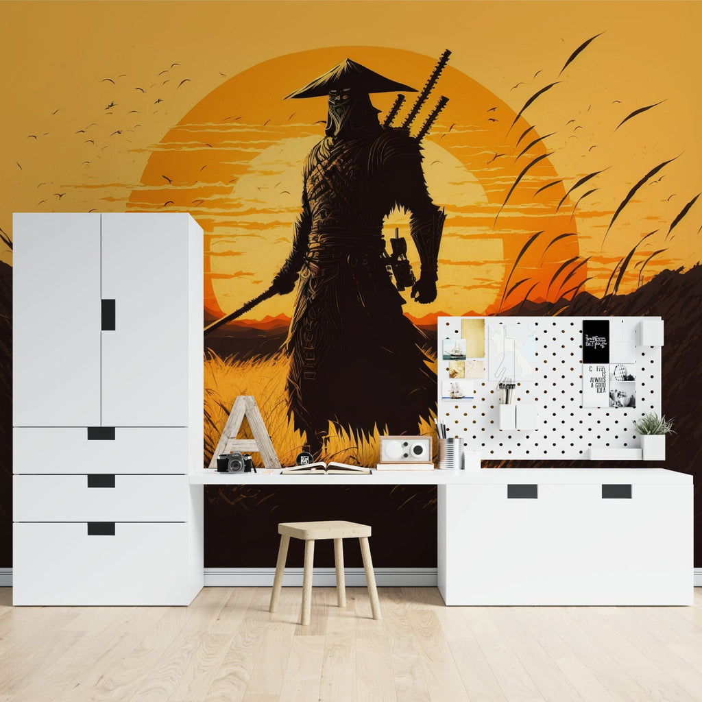 Japanese warrior wallpaper in home office showing scale and impact