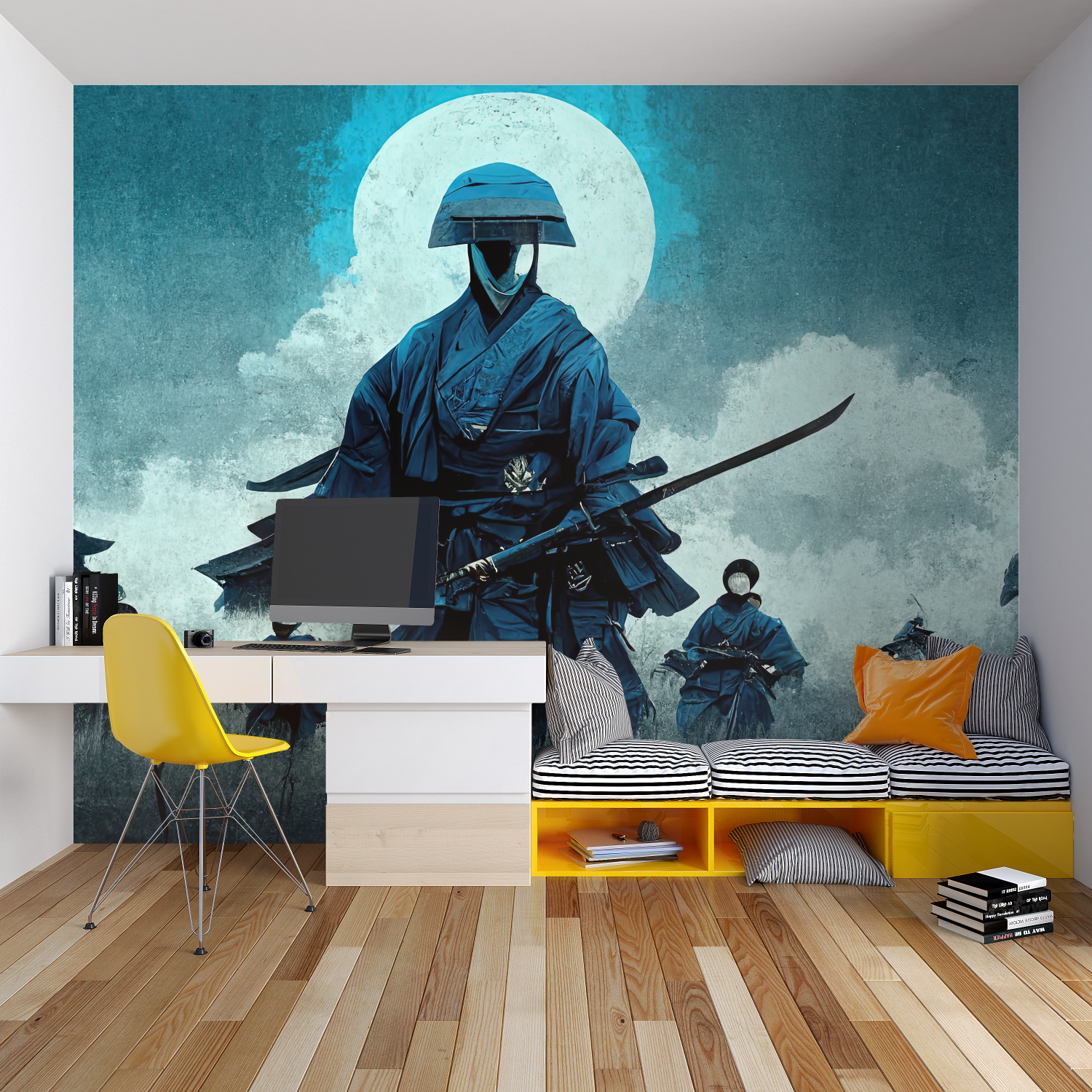 Japanese warrior wallpaper showcased in meditation room with floor cushions