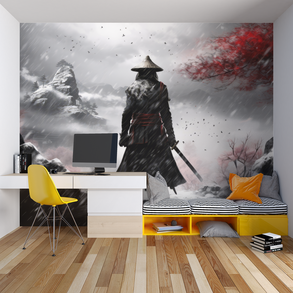 Japanese warrior wallpaper creating dramatic impact in modern living room with gray sofa and minimal decor