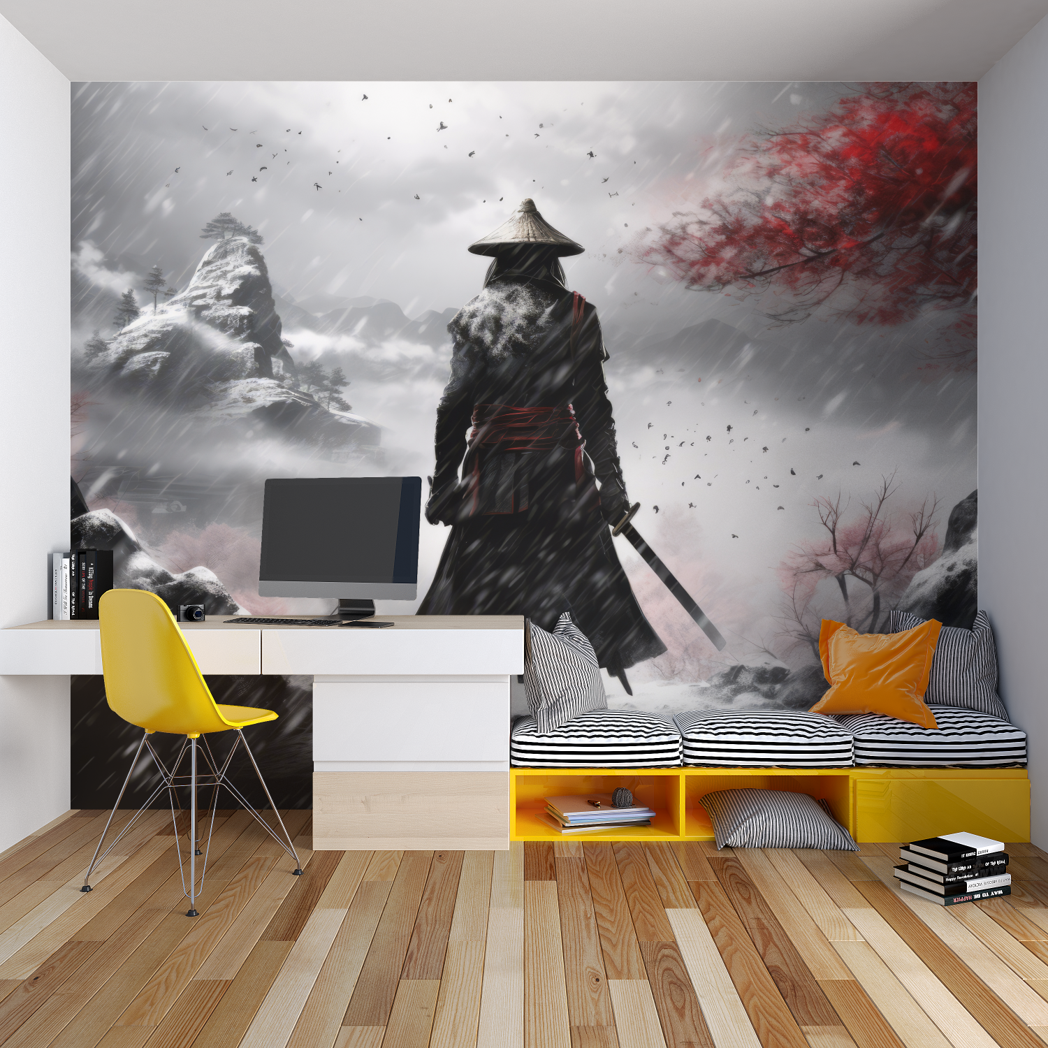Japanese warrior wallpaper creating dramatic impact in modern living room with gray sofa and minimal decor