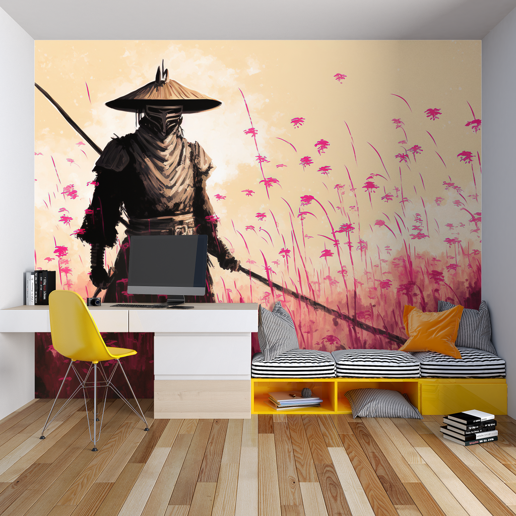 Samurai wall mural adding cultural depth to minimalist bedroom design