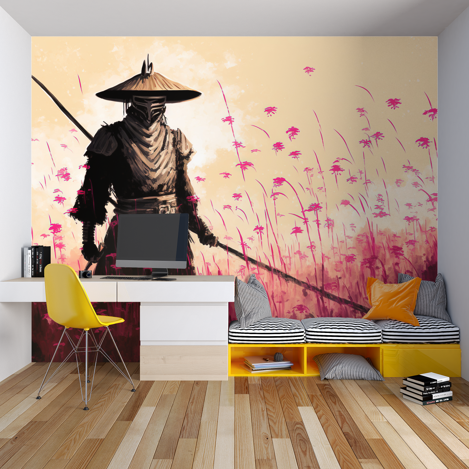Samurai wall mural adding cultural depth to minimalist bedroom design